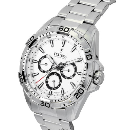 Montre homme Festina F20623-1 multifonction en acier inoxydable, cadran blanc, quartz, 100 m