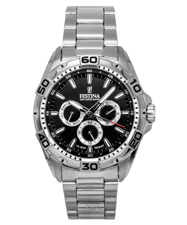 Montre homme Festina multifonction en acier inoxydable, cadran noir, quartz F20623-4, 100 m