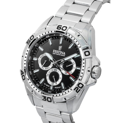 Montre homme Festina multifonction en acier inoxydable, cadran noir, quartz F20623-4, 100 m