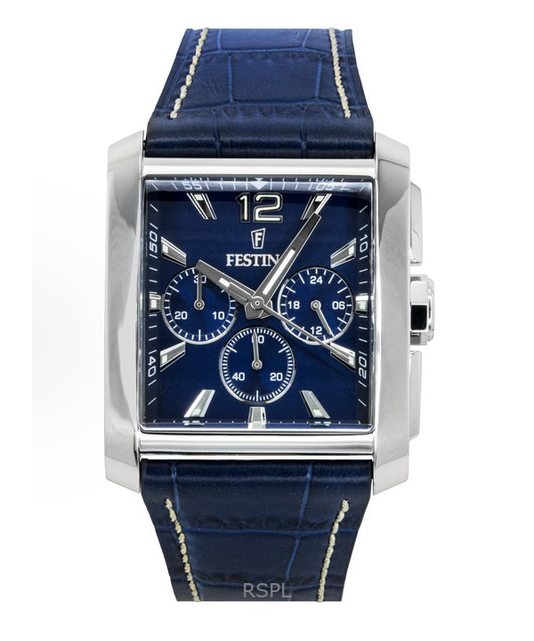 Montre chronographe Festina F20636-2 pour homme, bracelet en cuir, cadran bleu, quartz