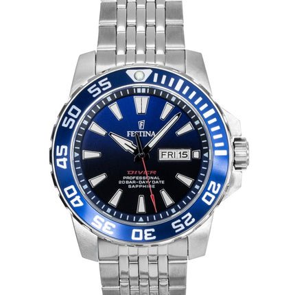 Montre de plongée Festina F20661-1 pour homme, acier inoxydable, cadran bleu, quartz, 200 m