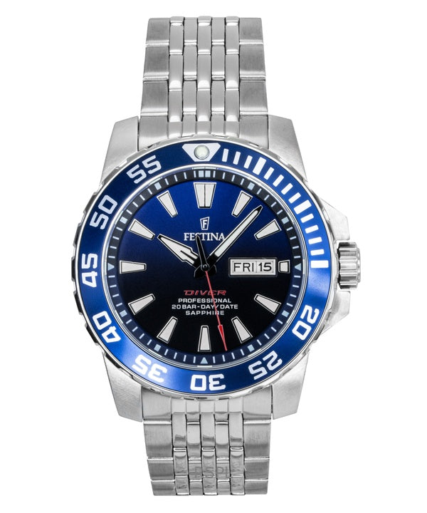Montre de plongée Festina F20661-1 pour homme, acier inoxydable, cadran bleu, quartz, 200 m