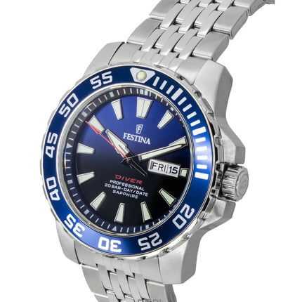 Montre de plongée Festina F20661-1 pour homme, acier inoxydable, cadran bleu, quartz, 200 m