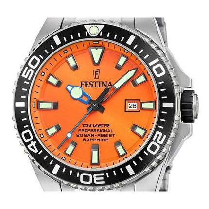 Montre pour homme Festina Diver en acier inoxydable avec cadran orange et quartz F20663-4 200M