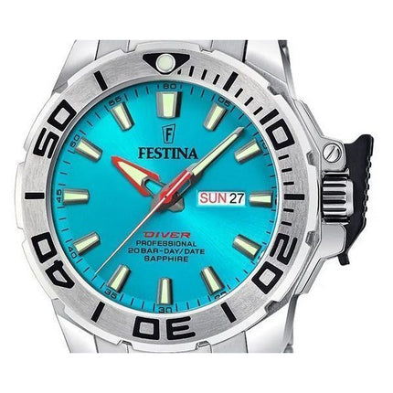 Montre pour homme Festina Diver en acier inoxydable avec cadran turquoise et quartz F20665-6 200M avec bracelet supplémentaire