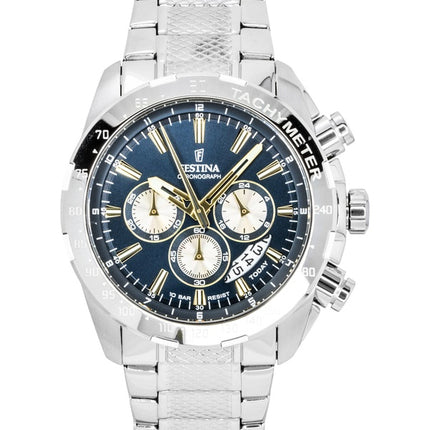 Montre homme Festina Timeless Chronograph, cadran bleu, acier inoxydable, quartz, référence F20668-5, étanche à 100 m
