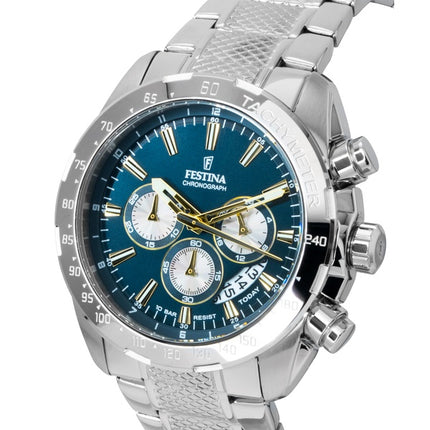 Montre homme Festina Timeless Chronograph, cadran bleu, acier inoxydable, quartz, référence F20668-5, étanche à 100 m