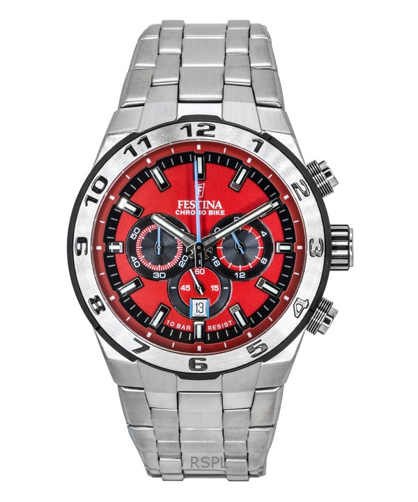 Montre Festina Chrono Bike chronographe en acier inoxydable, cadran rouge, quartz, 100 m, F20670-5