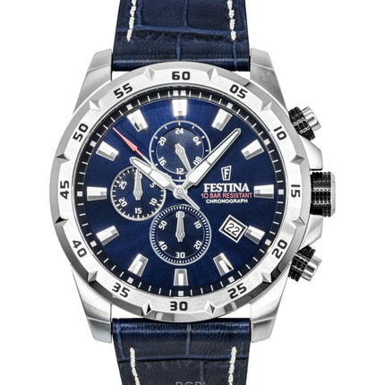 Montre Festina Timeless Chronographe Bracelet Cuir Cadran Bleu Quartz F20692-2 100M Homme