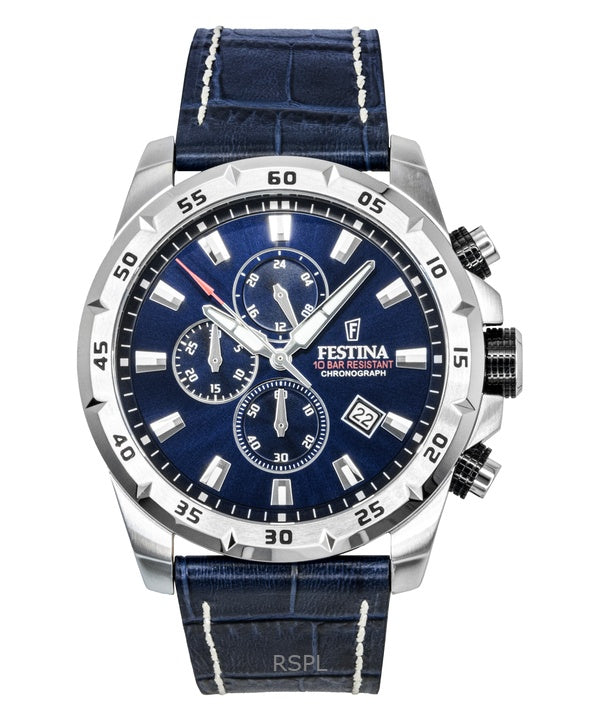Montre Festina Timeless Chronographe Bracelet Cuir Cadran Bleu Quartz F20692-2 100M Homme
