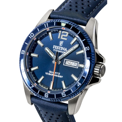 Montre homme Festina Titanium Analogique Bracelet Cuir Cadran Bleu Quartz F20699-2 100M