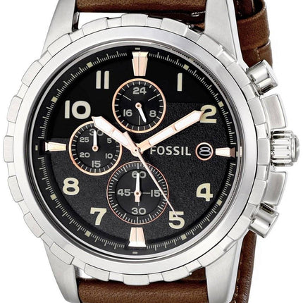 Fossiles Dean Quartz chronographe cadran noir en cuir brun FS4828 montre homme