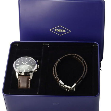 Fossil Townsman Chronographe Marron Bracelet en cuir LiteHide Cadran noir Quartz FS5967SET Montre pour homme avec coffret cadeau