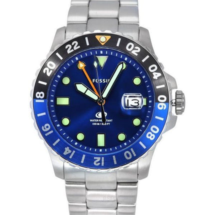 Montre pour homme Fossil Blue GMT en acier inoxydable avec cadran bleu et quartz FS5991 100M