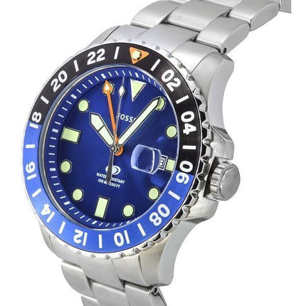 Montre pour homme Fossil Blue GMT en acier inoxydable avec cadran bleu et quartz FS5991 100M