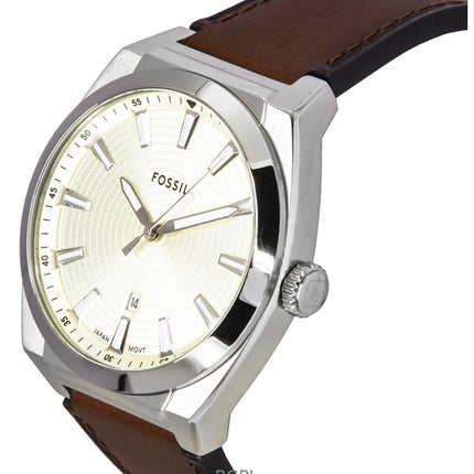 Montre homme Fossil Everett FS6071, bracelet en cuir, cadran crème, quartz