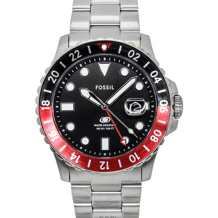 Montre homme Fossil Blue GMT en acier inoxydable, cadran noir, quartz, FS6092, 100 m