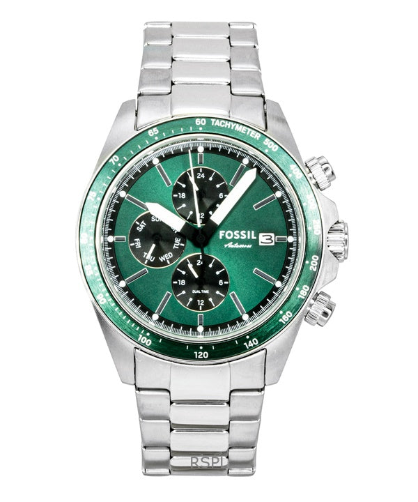Montre homme Fossil Autocross multifonction en acier inoxydable, cadran vert, mouvement à quartz FS6127