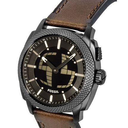 Montre homme Fossil Machine Big Tic analogique-numérique, bracelet en cuir marron, cadran noir, mouvement à quartz FS6165