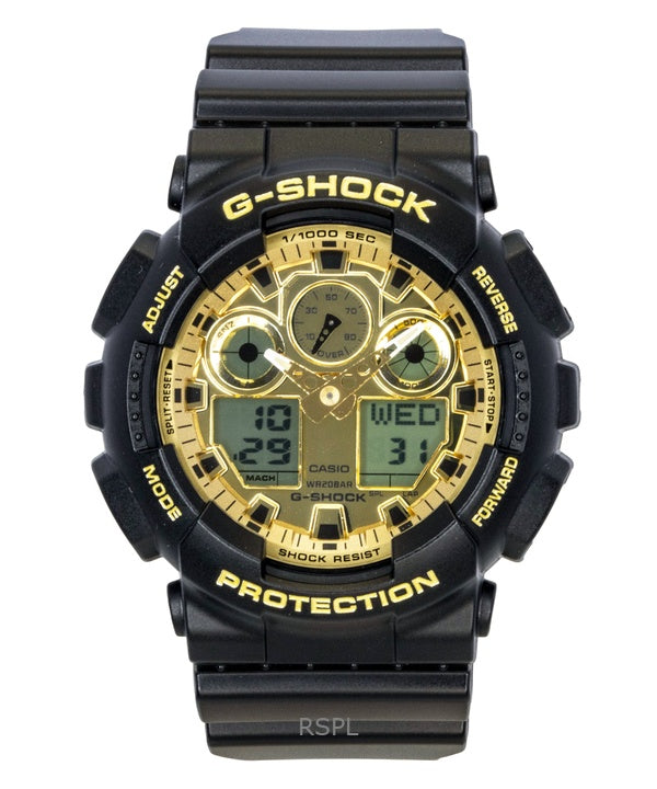 Montre homme Casio G-Shock GA-100GGB-1A9, bracelet en résine, affichage analogique et numérique, cadran doré, mouvement à quartz, étanche à 200 m.