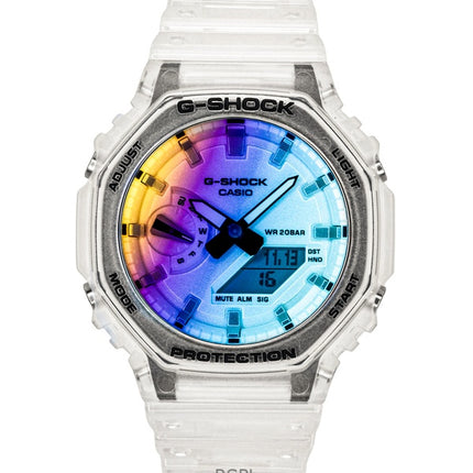 Montre homme Casio G-Shock GA-2100SRS-7A, analogique-numérique, bracelet en résine transparente, cadran multicolore, mouvement à quartz, étanche à 200 m. Bracelet en résine transparente.