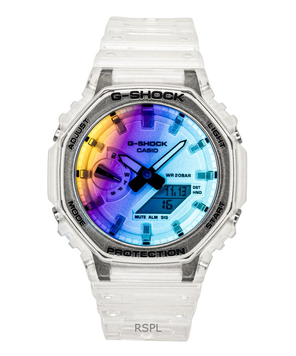 Montre homme Casio G-Shock GA-2100SRS-7A, analogique-numérique, bracelet en résine transparente, cadran multicolore, mouvement à quartz, étanche à 200 m. Bracelet en résine transparente.
