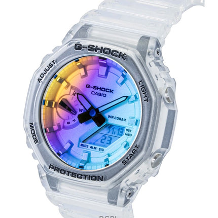 Montre homme Casio G-Shock GA-2100SRS-7A, analogique-numérique, bracelet en résine transparente, cadran multicolore, mouvement à quartz, étanche à 200 m. Bracelet en résine transparente.