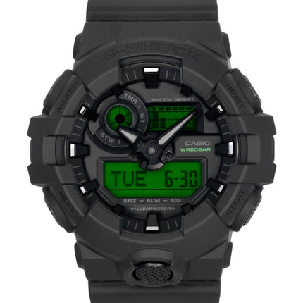 Montre homme Casio G-Shock GA-700BEG-1A, cadran noir, mouvement à quartz, analogique et numérique, étanche à 200 m. Boîtier en résine.