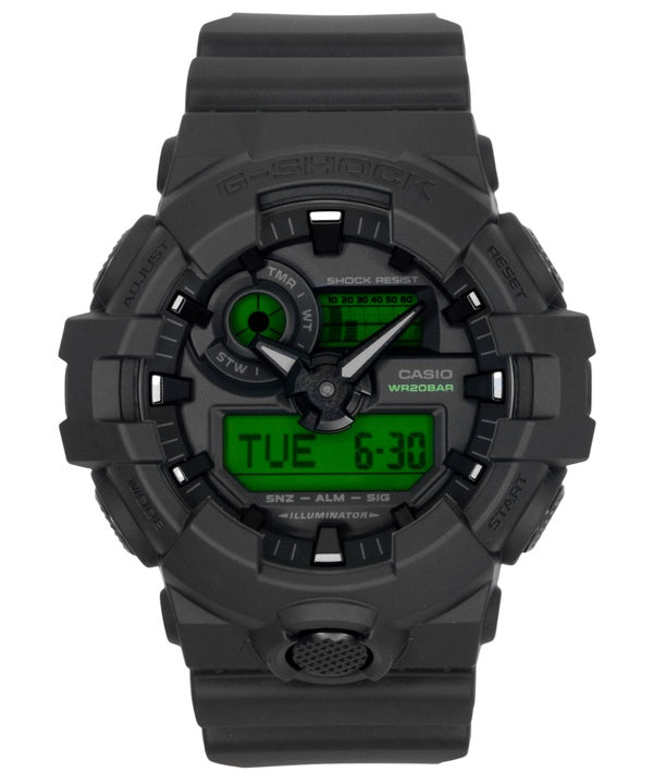 Montre homme Casio G-Shock GA-700BEG-1A, cadran noir, mouvement à quartz, analogique et numérique, étanche à 200 m. Boîtier en résine.
