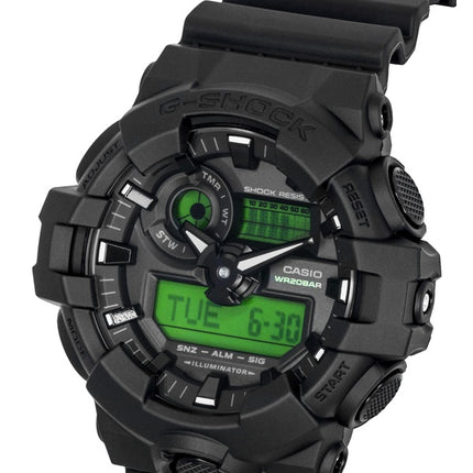 Montre homme Casio G-Shock GA-700BEG-1A, cadran noir, mouvement à quartz, analogique et numérique, étanche à 200 m. Boîtier en résine.
