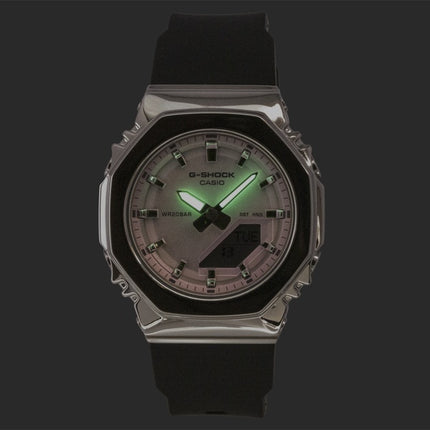 Montre Casio G-Shock GM-S2110SR-1A pour femme, analogique-numérique, cadran rose, bracelet en résine, mouvement à quartz, étanche à 200 m.