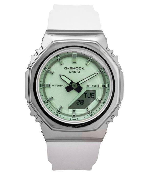 Montre Casio G-Shock GM-S2110SR-7A pour femme, analogique-numérique, cadran vert, bracelet en résine, mouvement à quartz, étanche à 200 m.
