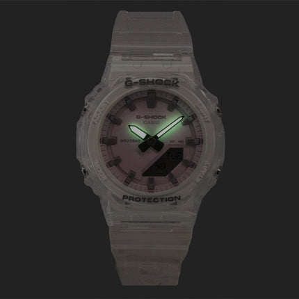 Montre Casio G-Shock pour femme, analogique-numérique, bracelet en résine transparente, cadran rose, mouvement à quartz GMA-P2100SR-7A, étanche à 200 m