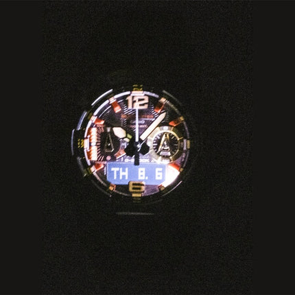 Montre homme Casio G-Shock Mudmaster Magma Gold, analogique-numérique, bracelet en résine biosourcée, cadran noir, solaire GWG-B1000MG-1A9, étanche à 200 m