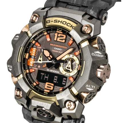 Montre homme Casio G-Shock Mudmaster Magma Gold, analogique-numérique, bracelet en résine biosourcée, cadran noir, solaire GWG-B1000MG-1A9, étanche à 200 m