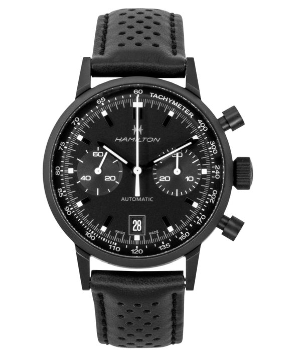 Montre homme Hamilton American Classic Intra Matic Chronographe, bracelet cuir, cadran noir, automatique H38446730, étanche à 100 m