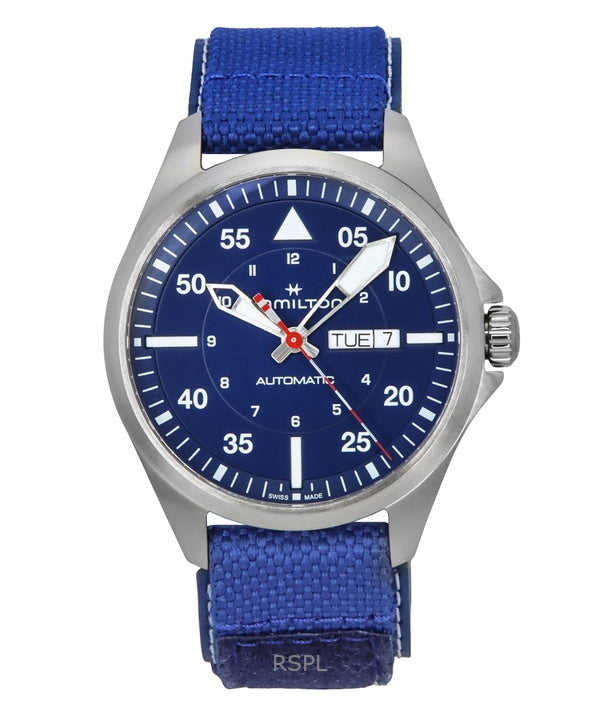 Montre Hamilton Khaki Aviation Pilot Air-Glaciers Edition pour homme, bracelet textile, cadran bleu, automatique, H64655941, 100 m