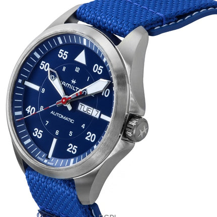 Montre Hamilton Khaki Aviation Pilot Air-Glaciers Edition pour homme, bracelet textile, cadran bleu, automatique, H64655941, 100 m