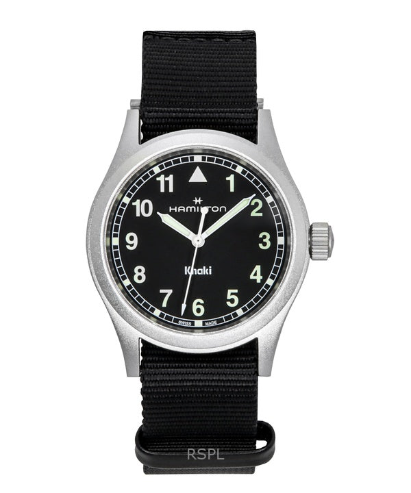 Montre unisexe Hamilton Khaki Field à quartz, bracelet textile, cadran noir, H69401430