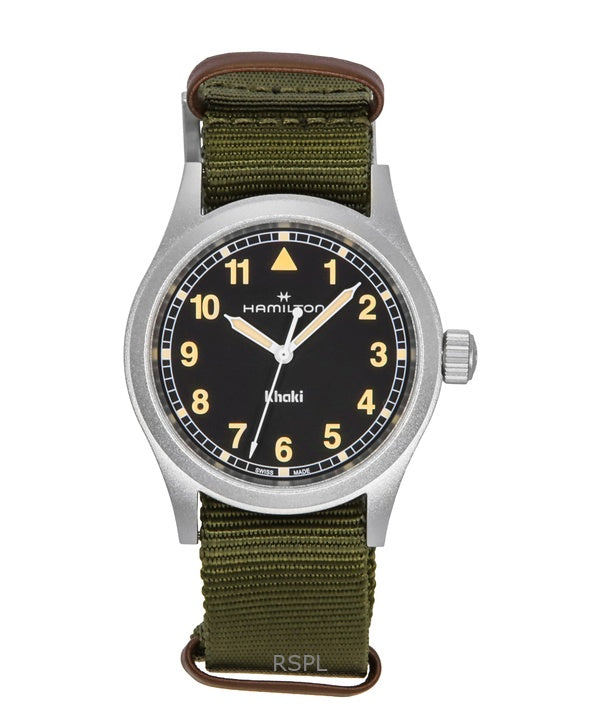 Montre unisexe Hamilton Khaki Field à quartz, bracelet textile, cadran noir, H69401930