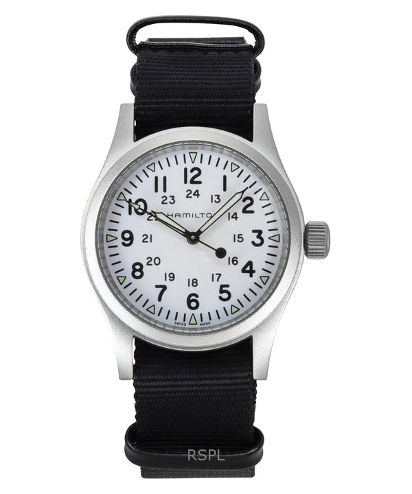 Montre homme Hamilton Khaki Field, bracelet textile, cadran blanc, automatique, H69439910