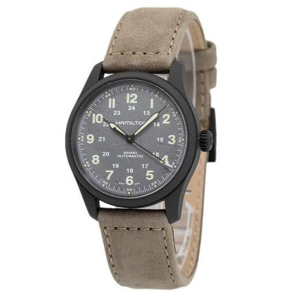 Montre pour homme Hamilton Khaki Field avec bracelet en cuir titane et cadran gris automatique H70215880 100M