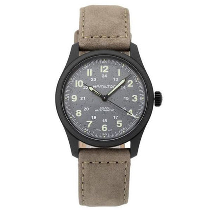 Montre pour homme Hamilton Khaki Field avec bracelet en cuir titane et cadran gris automatique H70215880 100M