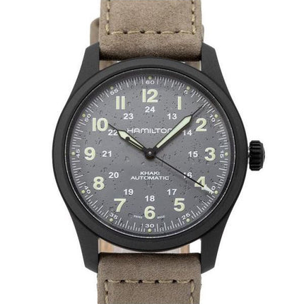 Montre pour homme Hamilton Khaki Field avec bracelet en cuir titane et cadran gris automatique H70215880 100M