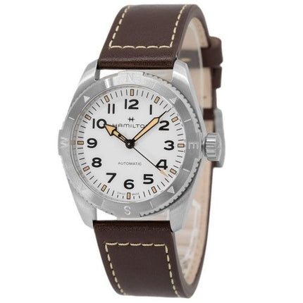 Montre pour homme Hamilton Khaki Field Expedition avec bracelet en cuir et cadran blanc automatique H70225510 100M