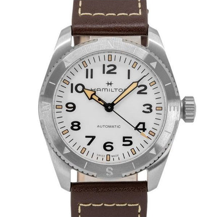 Montre pour homme Hamilton Khaki Field Expedition avec bracelet en cuir et cadran blanc automatique H70225510 100M