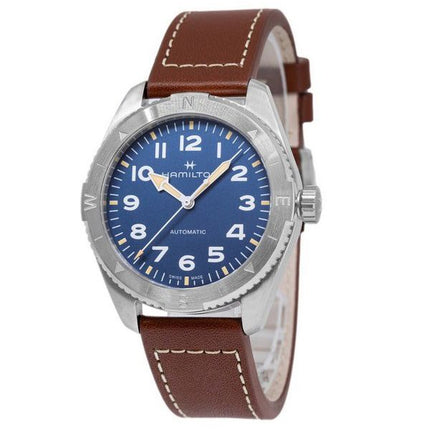 Montre pour homme Hamilton Khaki Field Expedition avec bracelet en cuir et cadran bleu automatique H70315540 100M