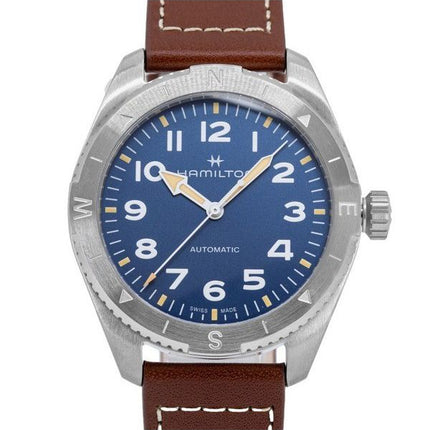 Montre pour homme Hamilton Khaki Field Expedition avec bracelet en cuir et cadran bleu automatique H70315540 100M