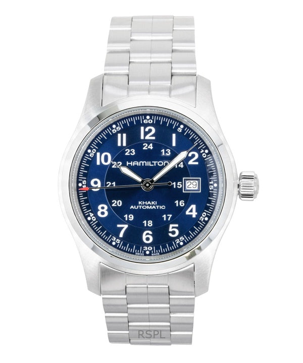Montre homme Hamilton Khaki en acier inoxydable, cadran bleu, automatique H70605140, étanche à 100 m