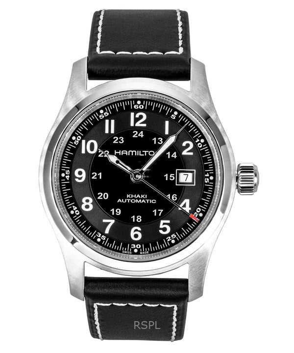 Montre homme Hamilton H70605733, bracelet en cuir kaki, cadran noir, automatique, étanche à 100 m